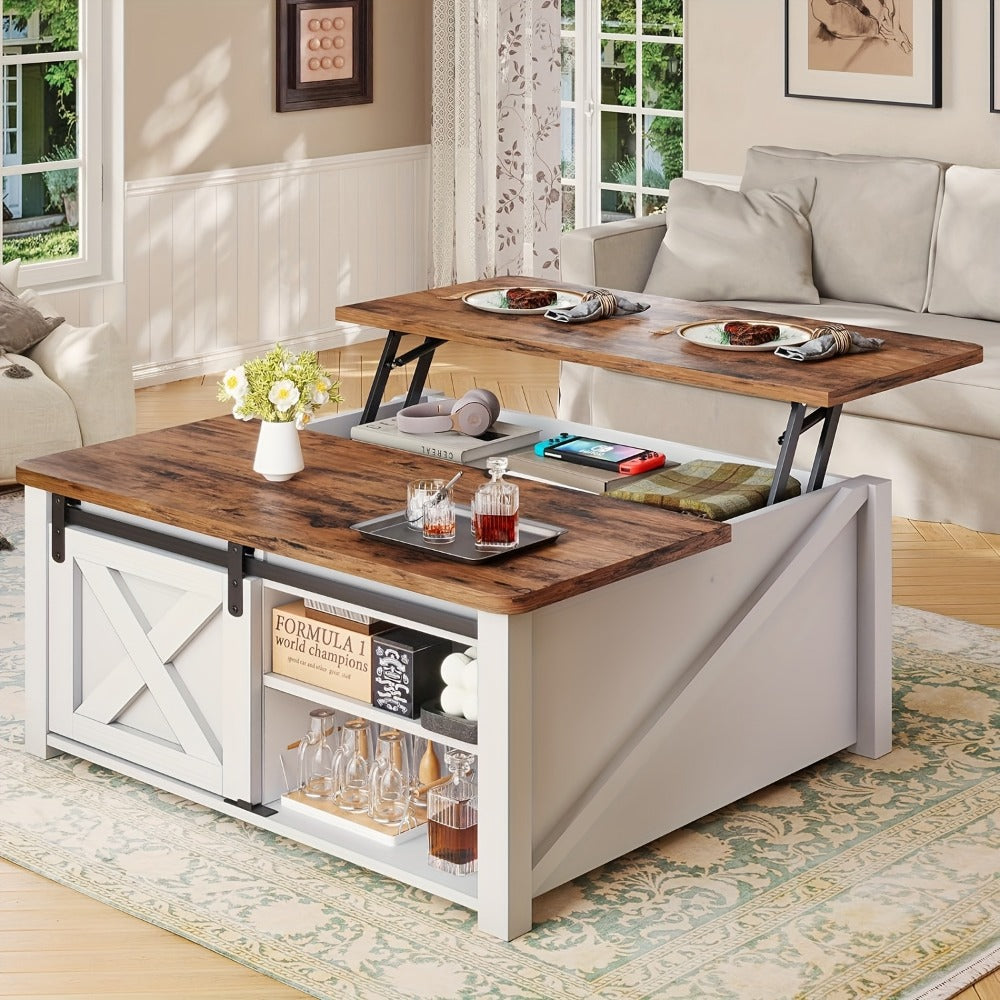 Square Lift Top Coffee Table with Hidden Storage – Farmhouse Design, Gas Strut Lift, Adjustable Shelves, 4 Open Compartments, Black/White/Grey/Blue