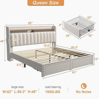 King Size Upholstered Bed Frame with Storage, 2-Tier Headboard And 2 Drawers, Sturdy Wood Slats, No Box Spring Needed, Noise-Free, Modern Grey/Beige, Easy Assembly, Space Saving