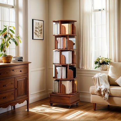 360 Rotating Bookshelf 6 Tier Corner Bookcase with Wheels Narrow Wood Storage Rack for Small Space Bedroom Living Room Study Walnut Brown