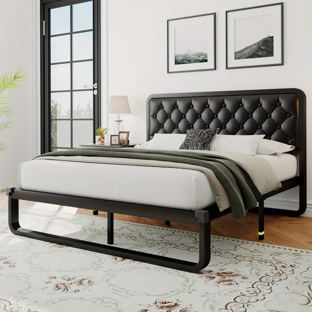 Platform Bed Frame with Button-Tufted Headboard – Black Faux Leather or Dark Grey Linen, 12-Inch Under Bed Storage, Full Queen