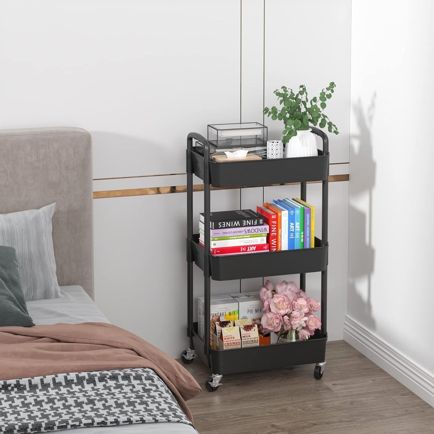 3-Tier Plastic Rolling Utility Cart with Handle, Multi-Functional Storage Trolley for Office, Living Room, Kitchen, Movable Storage Organizer with Wheels