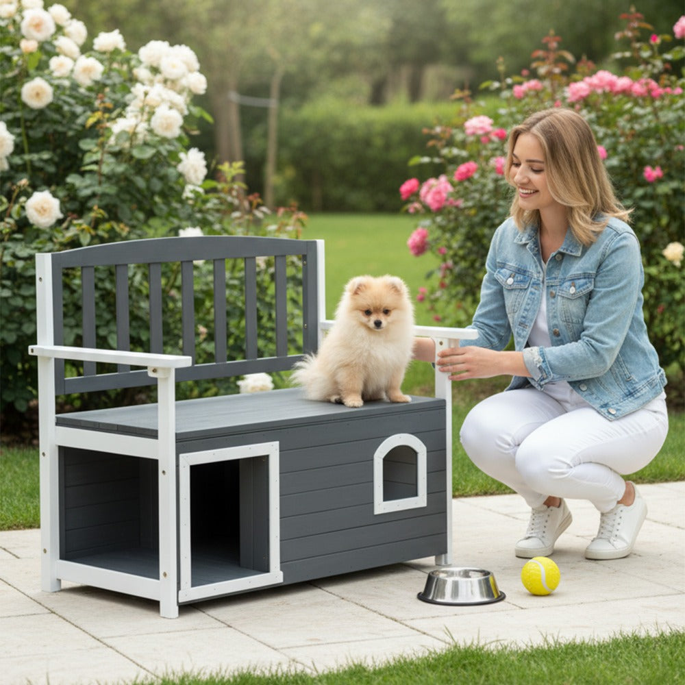 Versatile Wooden Bench for Outdoors, Garden with Dog Shelter, Featuring Storage Area, Outdoor Furniture, Ideal for Patios, Yards, And Verandas