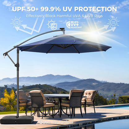360 Degree Rotation 10Ft Solar Patio Umbrella with Base Included, Offset Cantilever Outdoor Umbrella with 32 LED Lights, Offering UPF50+ UV Protection, 8 Sturdy Ribs, for Outdoor, Pool, Deck And Garden