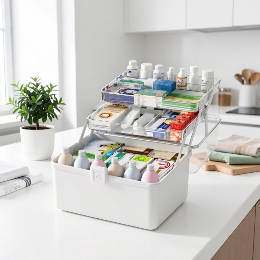 Freestanding Medicine Chest Large Capacity Multi-Tier First Aid & Medication Organizer Box, Polypropylene PP Plastic, Home Emergency Storage Cabinet