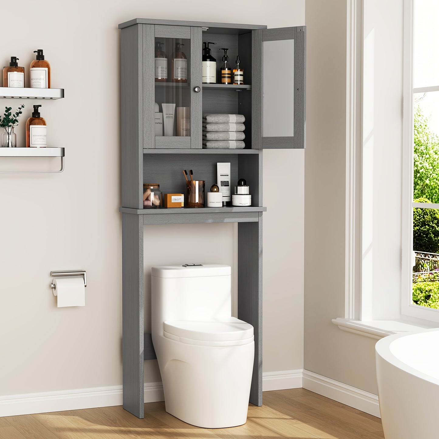 Bathroom Storage Over The Toilet, Bathroom Cabinet Organizer with Adjustable Shelves And Double Glass Doors, Wood Bathroom Space Saver