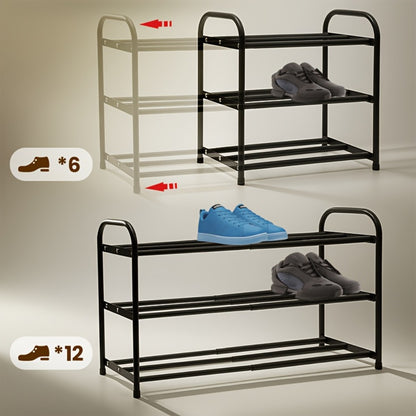 Adjustable Metal Shoe Rack 3-Tier Expandable Width 17.7"-32.6" Freestanding Shoe Organizer for Entryway Cloakroom Foyer – Sturdy Black Steel Shoe Shelf