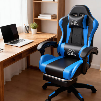 Ergonomic Gaming Chair with Lumbar Support & Optional Footrest – High Back Home Office Recliner for Adults & Teens, Fixed Armrests, Premium Padding, Black Blue, Black Orange, Black White