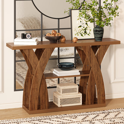 55 "Wooden Rustic Console Table, X-Shaped Leg Design, 2-Tier Shelf. Multifunctional Storage. Suitable for Use Behind The Sofa in The Living Room, in The Corridor, in The Entrance Hall, Or at The Entrance. Light Brown And Tiger Brown