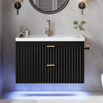 24" 2pcs/1pc Bathroom Vanity with Sink, 24" Floating Bathroom Vanity with LED, 24" with 3-Hole Ceramic Vanity Sink, Wave Line Design, 2pcs Soft-Close Drawers, Wall-Mounted Cabinet for Small Spaces, Black/White