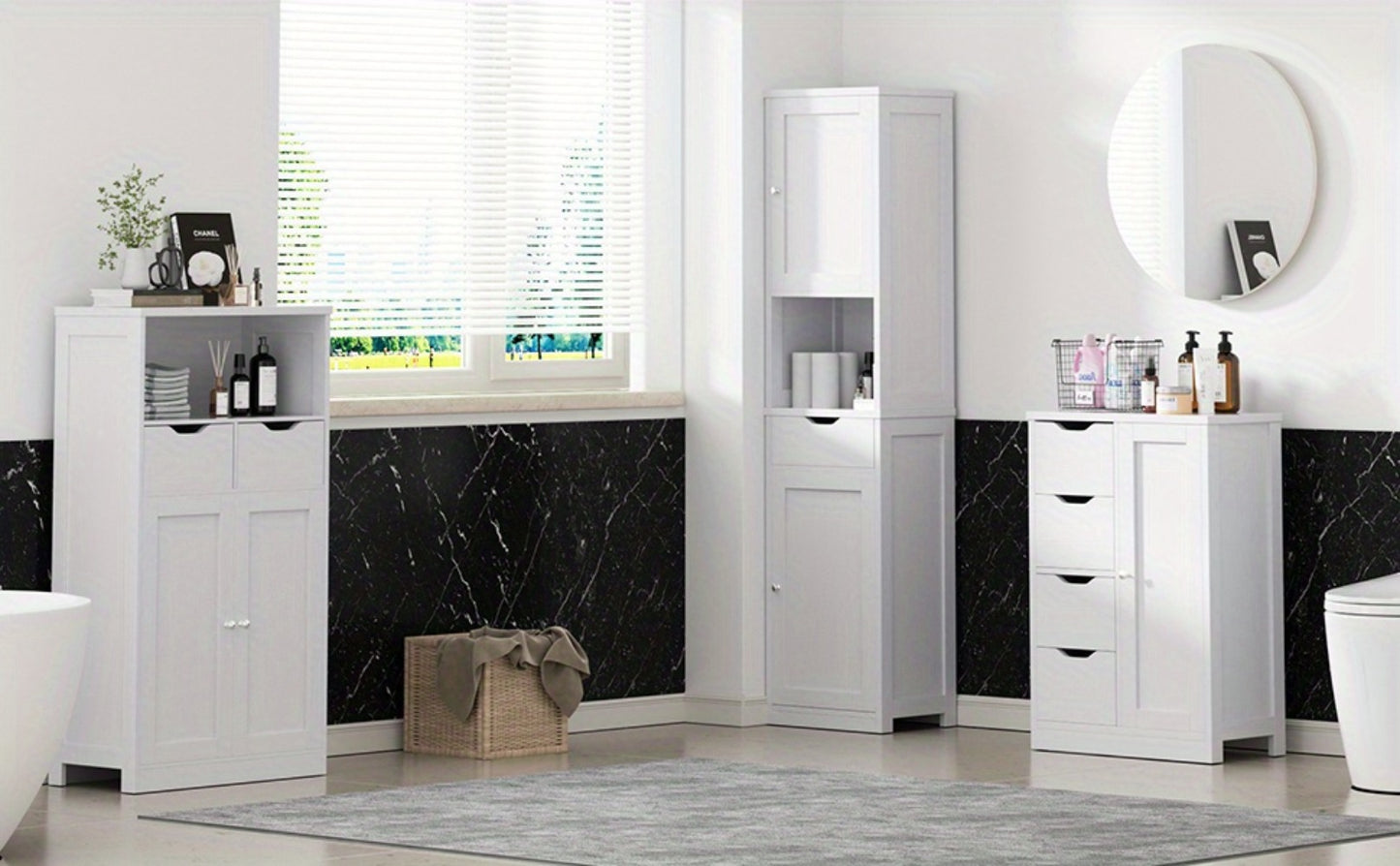 JAMFLY Wooden Bathroom Floor Cabinet, Side Storage Organizer Cabinet with 4 Drawers And 1 Cupboard, Freestanding Entryway Storage Unit Console Table, Home Decor Furniture