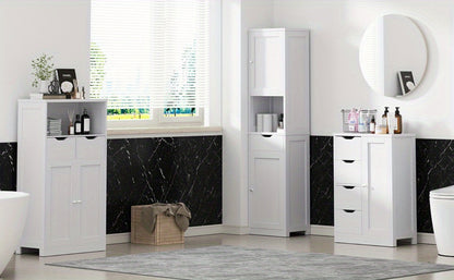 JAMFLY Wooden Bathroom Floor Cabinet, Side Storage Organizer Cabinet with 4 Drawers And 1 Cupboard, Freestanding Entryway Storage Unit Console Table, Home Decor Furniture