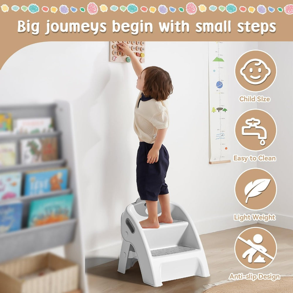 Foldable 2-Step Kids Step Stool with Handle & Non-Slip Design, Toddler Step Stool for Bathroom Sink Kitchen Bedroom Counter, Lightweight Portable Child Safety Stool