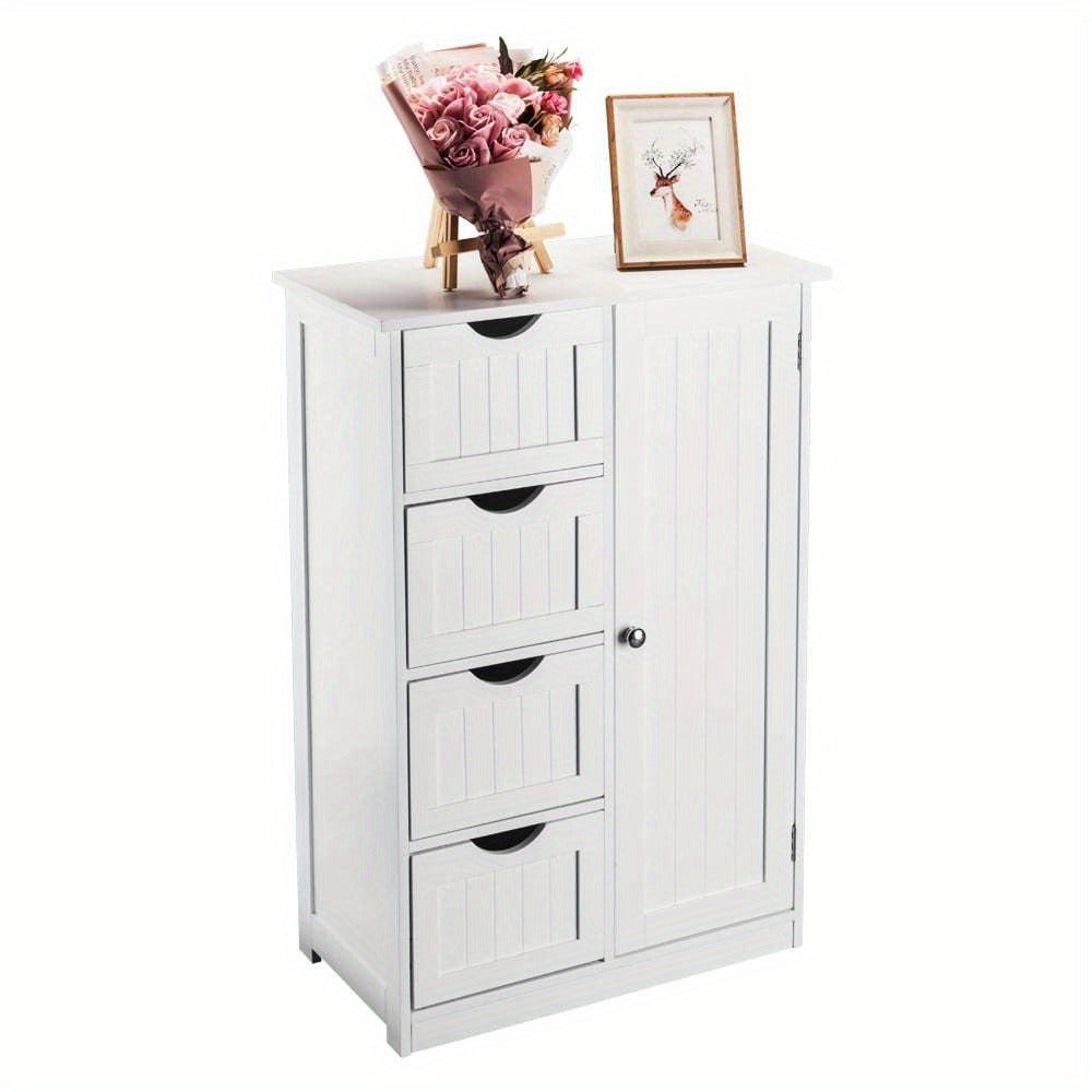 Bathroom Floor Cabinet with 4 Drawers & Cupboard, Side Storage Organizer with 2 Open Shelves, Freestanding Bathroom Vanity Cabinet for Small Spaces, White