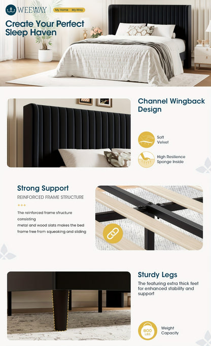 Velvet Wingback Platform Bed Frame with Channel Tufted Headboard – Wooden Slats, No Box Spring Needed, Heavy Duty, Full Queen King, 7 Colors