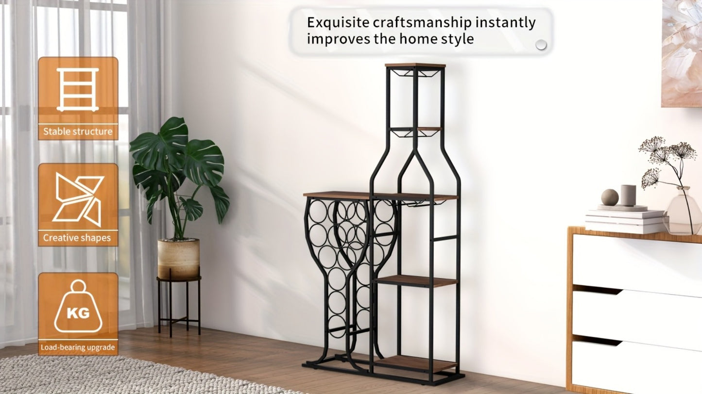 Wine Rack with Hanging Glass Holder & Storage Shelves - 5-Tier Freestanding Baker's Rack for Kitchen, Dining Room & Home Bar, Holds 11 Bottles