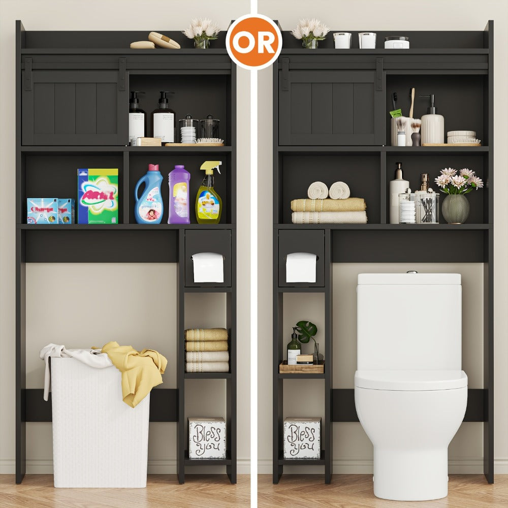 Over The Toilet Storage Cabinet with Sliding Door & Toilet Paper Holder Stand - Space-Saving Bathroom Organizer with Upper Shelf, Lower Storage & Door Storage, Freestanding Floor Cabinet for Bathroom, Restroom - Easy Assembly, No Tools Required, Modern Bl
