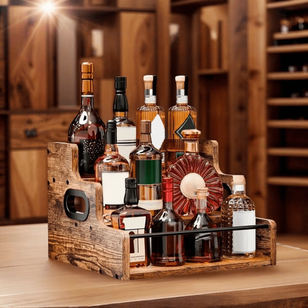 Solid Wood Countertop Liquor Bottle Display Shelf 3 Step Wine Rack Bar Organizer for Home Bar Whiskey Spirits Coffee Syrup Spice Rack