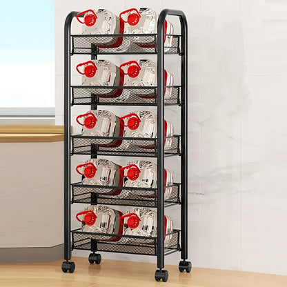 Mobile Metal Storage Shelf - 3/4/5-Tier Metal Kitchen Trolley With Hooks, Rolling Cart With 360° Swivel Wheels, Mesh Basket Layered Organizer For Narrow Gap, Kitchen, Bathroom, Office, Study, Garage, Ideal Storage Cart