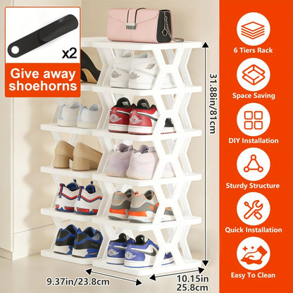 Stackable Shoe Organizer Rack 6 or 9 Tier Vertical Plastic Shoe Rack with Shoe Horn for Closet Hallway Entryway Bathroom Dorm Space Saving White Black