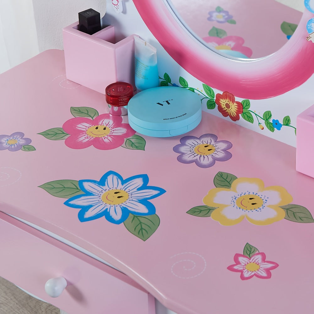 Children's Vanity Table Set, Fairy Vanity Table & Stool Set, Wooden Vanity Tables Set With Mirror And Storage Drawer Perfect Gift For Girls