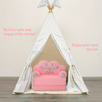 Foldable Kids Sofa Chair, 2-In-1 Toddler Couch Lounger, Luxury Bronzing Faux Rabbit Fur Plush Memory Foam Sofa with Pillow, Machine Washable Cover, Nursery Playroom Seating, Ideal Birthday Gift