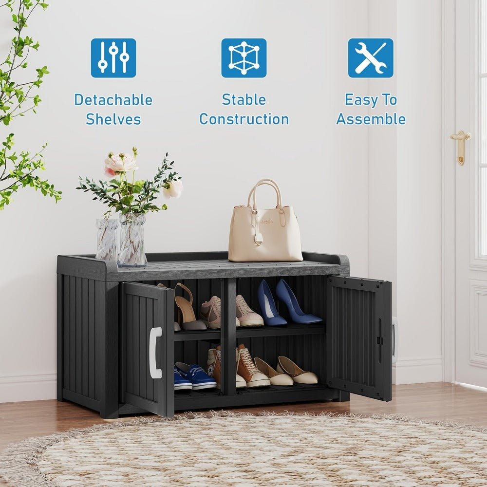 Outdoor Storage Bench with Double Doors & Adjustable Shelf, Entryway Storage Cabinet for Garden Tools & Outdoor Gear, 31.89" Patio Storage Stool in Black & Light Brown, Holiday Gift Idea