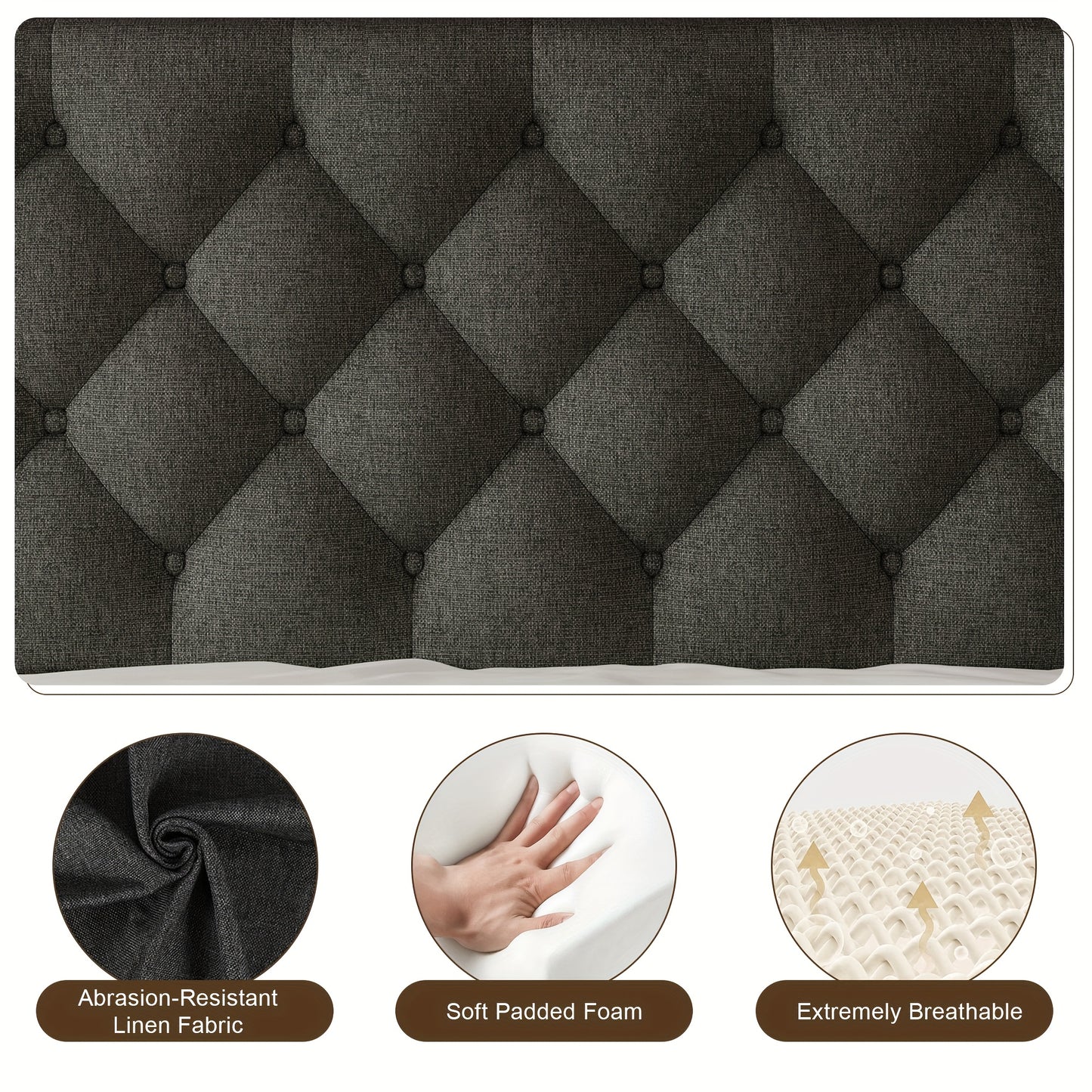 Valnase Modern Style Platform Bed Frame with 24"H Button Tufted Headboard, Solid Wood Slats Support, Artistic Legs Design - Dark Grey/Light Grey/Black Linen & White Velvet Options, Bed Frame for Home Bedroom
