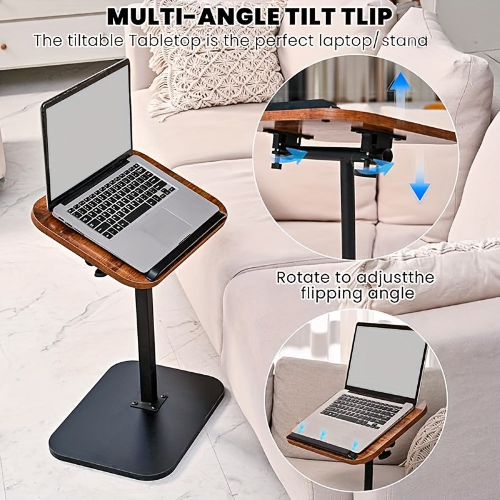 C-Shaped Lift Table with Adjustable Height and Cork Tabletop, Iron Frame Side Table for Sofa Bed Bathtub Outdoor, Coffee Table Laptop Desk for Living Room Bedroom Bathroom Office, Black or Walnut