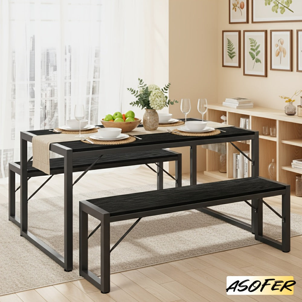 Dining Table Set for 4 with 2 Benches, 45.5" Space-Saving Dinette with Metal Frame & MDF Board for Kitchen & Dining Room, Retro Modern Style - Black/Gray