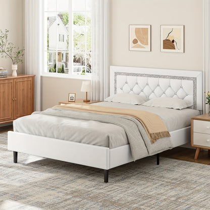 [Halloween] Twin Full Queen Size Bed Frame, Diamond Headboard, Wood Slats Support, Princess Bed Frame, Easy To Assemble, Soft PU Leather, Maximum Weight Recommendation 900Pounds, Furniture For Home, Bedroom Decor, Bedroom Furniture, Pink/White/Black Hallo