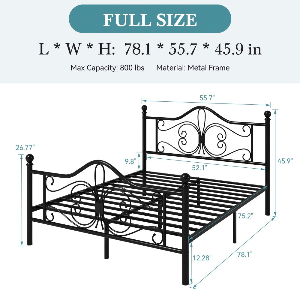 Metal Platform Bed Frame with Butterfly Pattern Headboard & Footboard – No Box Spring Required, Easy Assembly | Modern Decorative Bed Frame for Bedroom | Furn Mivo