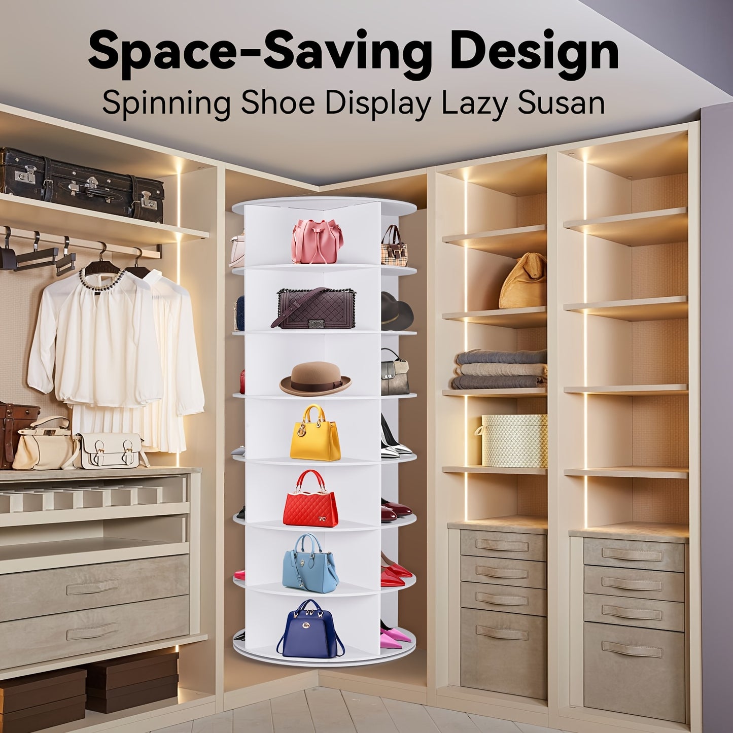7-Tier Spinning Shoe Rack, 360 Degree Rotating Shoe Organizer Tower, Vertical Carousel Storage for Shoes And Handbags. White