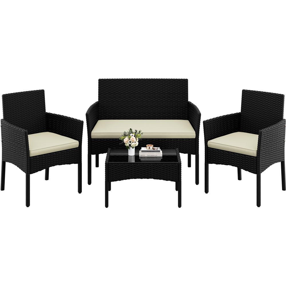 Costoffs Patio Furniture Set 4 Pieces Conversation Sets, Rattan Chair Wicker Set Loveseat with Soft Cushion and Glass Table Halloween Patio Furniture for Backyard Porch Garden Poolside Balcony