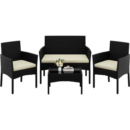 Costoffs Patio Furniture Set 4 Pieces Conversation Sets, Rattan Chair Wicker Set Loveseat with Soft Cushion and Glass Table Halloween Patio Furniture for Backyard Porch Garden Poolside Balcony