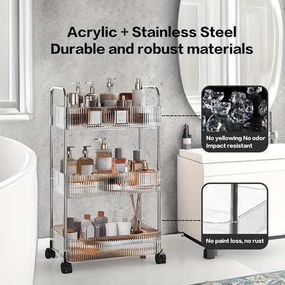 3/4 Tier Rolling Storage Cart with Hanging Storage Boxes, Multifunctional Utility Cart, Acrylic Material & Modern Minimalist Transparent Design, Alloy Frame Handle & 360° Rotating Silent Roller, Snack Cart for Dorm, Bathroom, Bar, Kitchen