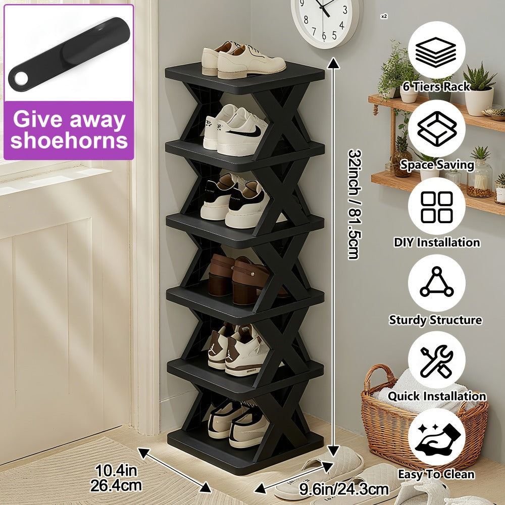 Stackable Shoe Rack 6 or 9 Tier Plastic Vertical Shoe Organizer, Space Saving Shoe Storage Shelf for Entryway Bedroom Hallway Dorm, 10 Color Options