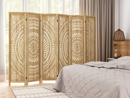 Antique White/Natural Wood 94.5 Inch Folding Room Divider, 3/6 Panels Wood Carved Boho Privacy Screens, Free Assembled Freestanding Partition For Home Office Bedroom Restaurant Studio Apartment