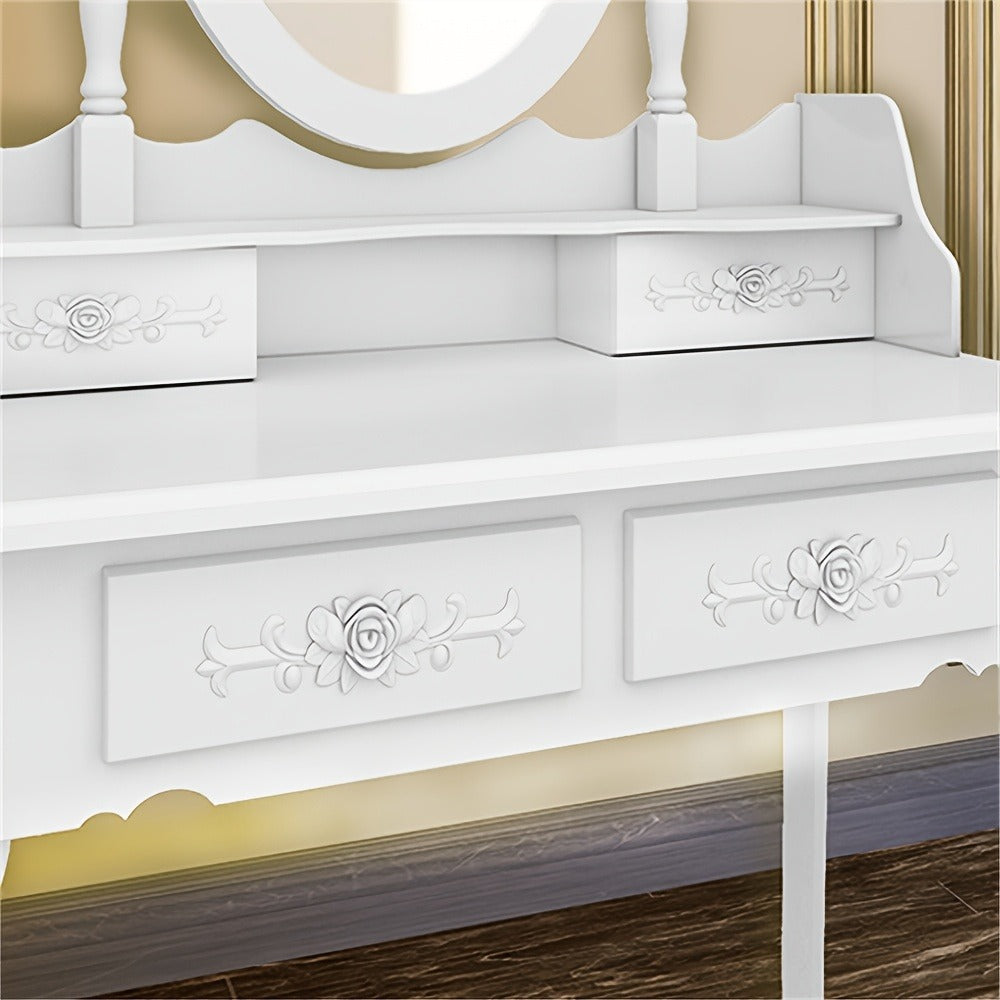 Rotating Mirror Vanity Table with 4 Drawers & Detachable 360° Mirror – Modern Dressing Table with Stool, MDF & Solid Wood, White