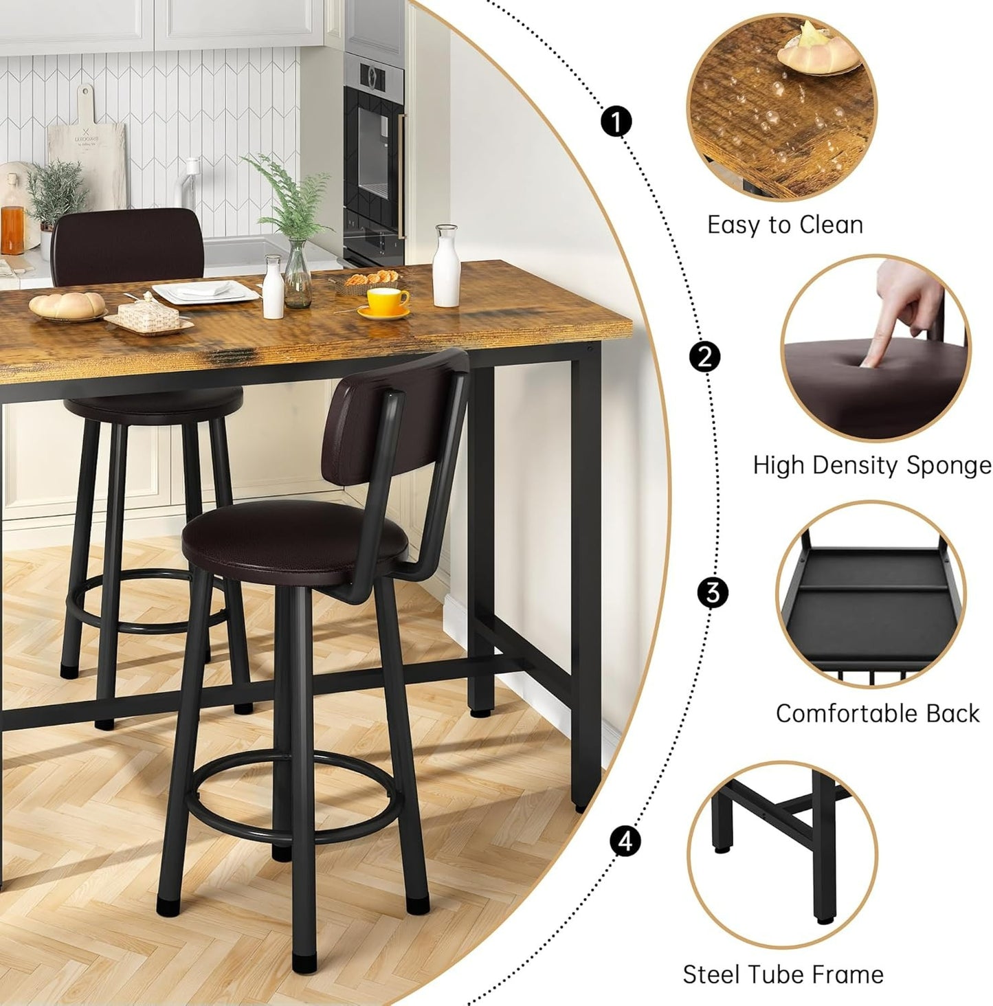 3-Piece Pub Dining Set for 2, Rustic Brown Counter Height Table with Wood Top and 2 Stools, Small Kitchen Table Set for Breakfast Nook, Apartment, Living Room or Bar