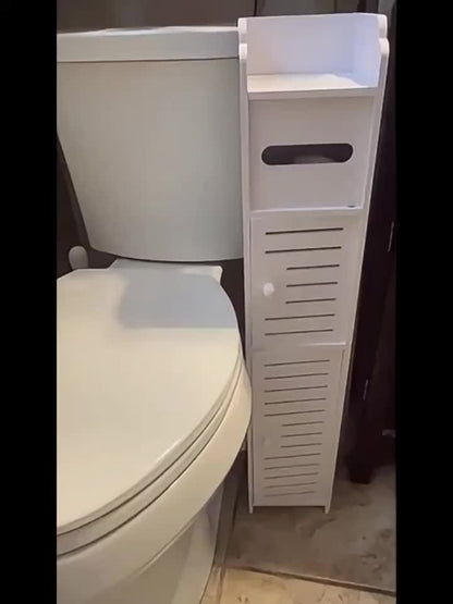 PVC Double Door Bathroom Storage Cabinet Floor Standing White, Thickened Waterproof Freestanding Organizer for Toilet Paper, Shampoo & Toiletries