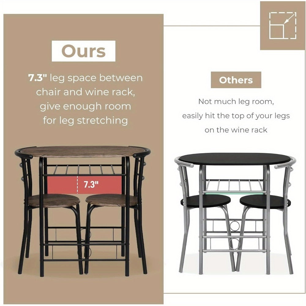 3 Piece Dining Table Set for 2 Small Kitchen Table and 2 Chairs with Wine Rack Metal Frame for Dining Room Apartment Living Room Small Space