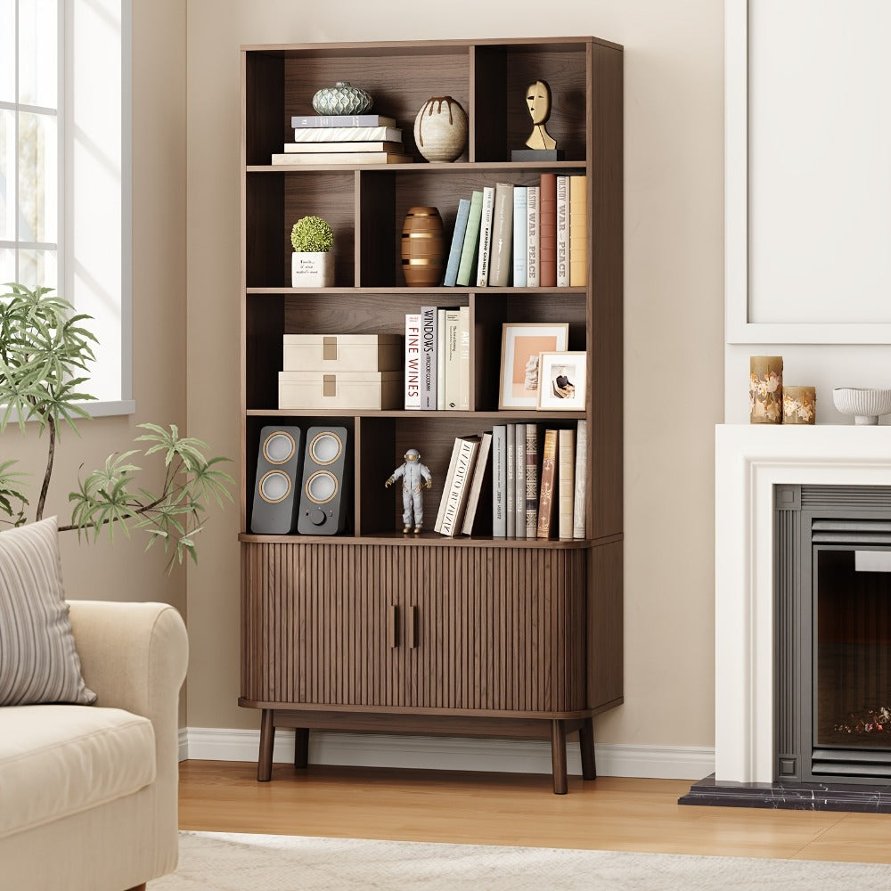 71 Inch Tall Bookcase with Sliding Doors 4 Shelves Storage Cabinet Adjustable Shelves Walnut Mid-Century Modern Home Office Living Room