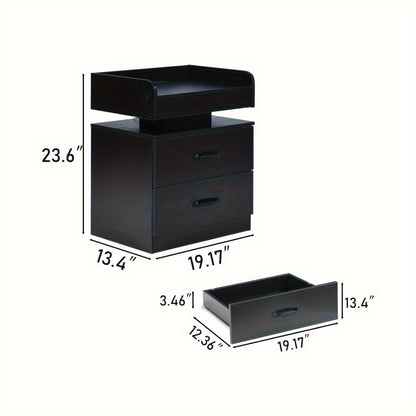 Nightstand with Charging Station LED Lights 2 Drawers Modern Black Bedside Table End Table with Storage for Bedroom Living Room