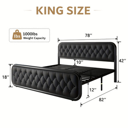 Metal Platform Bed Frame with Faux Leather Headboard Heavy Duty Steel Slats 12 Inch Under Bed Storage Space Easy Assembly Full Queen King Black