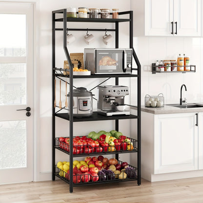 5-Tier Bakers Rack with 2 Wire Baskets - Microwave Oven Stand, Industrial Kitchen Storage Shelf, Coffee Bar Station & Utility Organizer for Home Kitchen