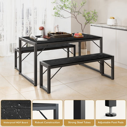 Dining Table Set for 4 with 2 Benches, 45.5" Space-Saving Dinette with Metal Frame & MDF Board for Kitchen & Dining Room, Retro Modern Style - Black/Gray