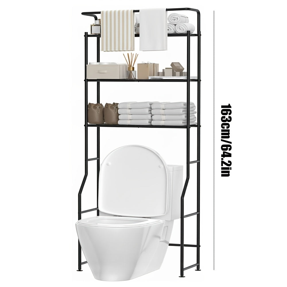 3-Tier Over Toilet Storage Basket And Hanger Rods - Space-Saving Laundry Drying Rack, Washing Machine Shelf, Bathroom Organizer, Bathroom Decor And Additions