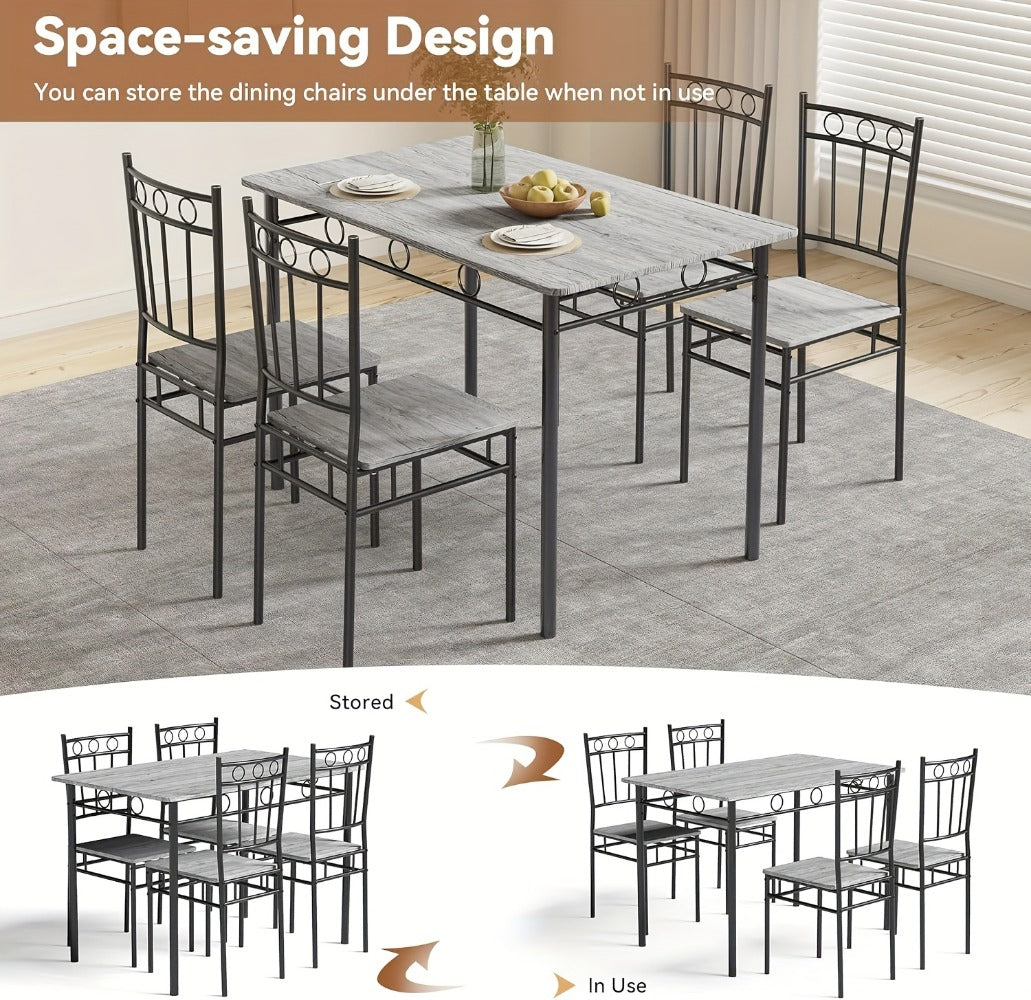 5-Piece Rectangular Dining Table Set with 4 Slat-Back Chairs, Solid Wood Kitchen Dining Table & Chairs for Small Spaces & Apartments, 220 lb Table & 330 lb Chair Capacity, Brown & Gray