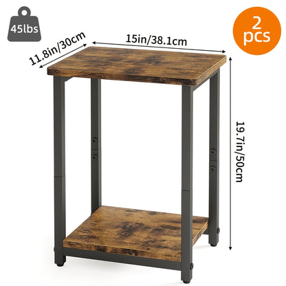 2pcs Rustic Brown And Black Side Tables - 2-Tier Small End Table Sofa Table, Nightstand with 2-Layer Storage Shelves for Living Room, Bedroom, Office