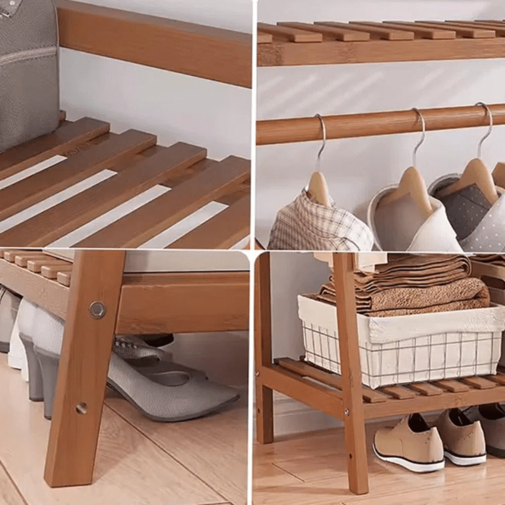 A multi capacity storage rack with brown and brown options, equipped with 5 side storage racks. A hat rack with shelves and bags is suitable for home storage, and a side hat hook is suitable for bedroom and hat room storage Specifications: with bag or wit